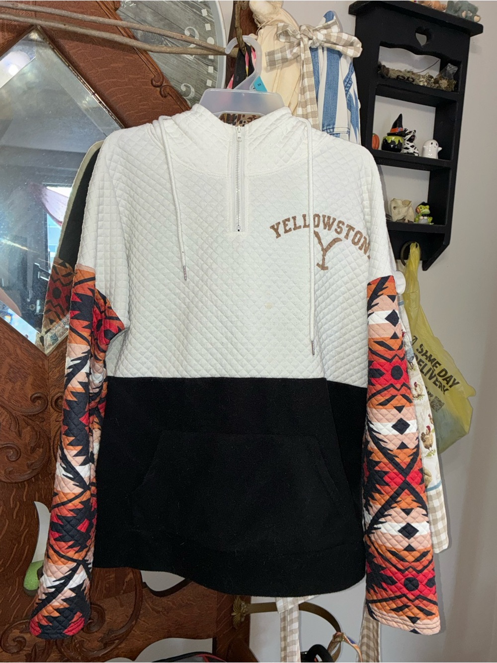 Amazon Quilted Cowl Pullover - White, Black & Multicolor Aztec Sleeves
